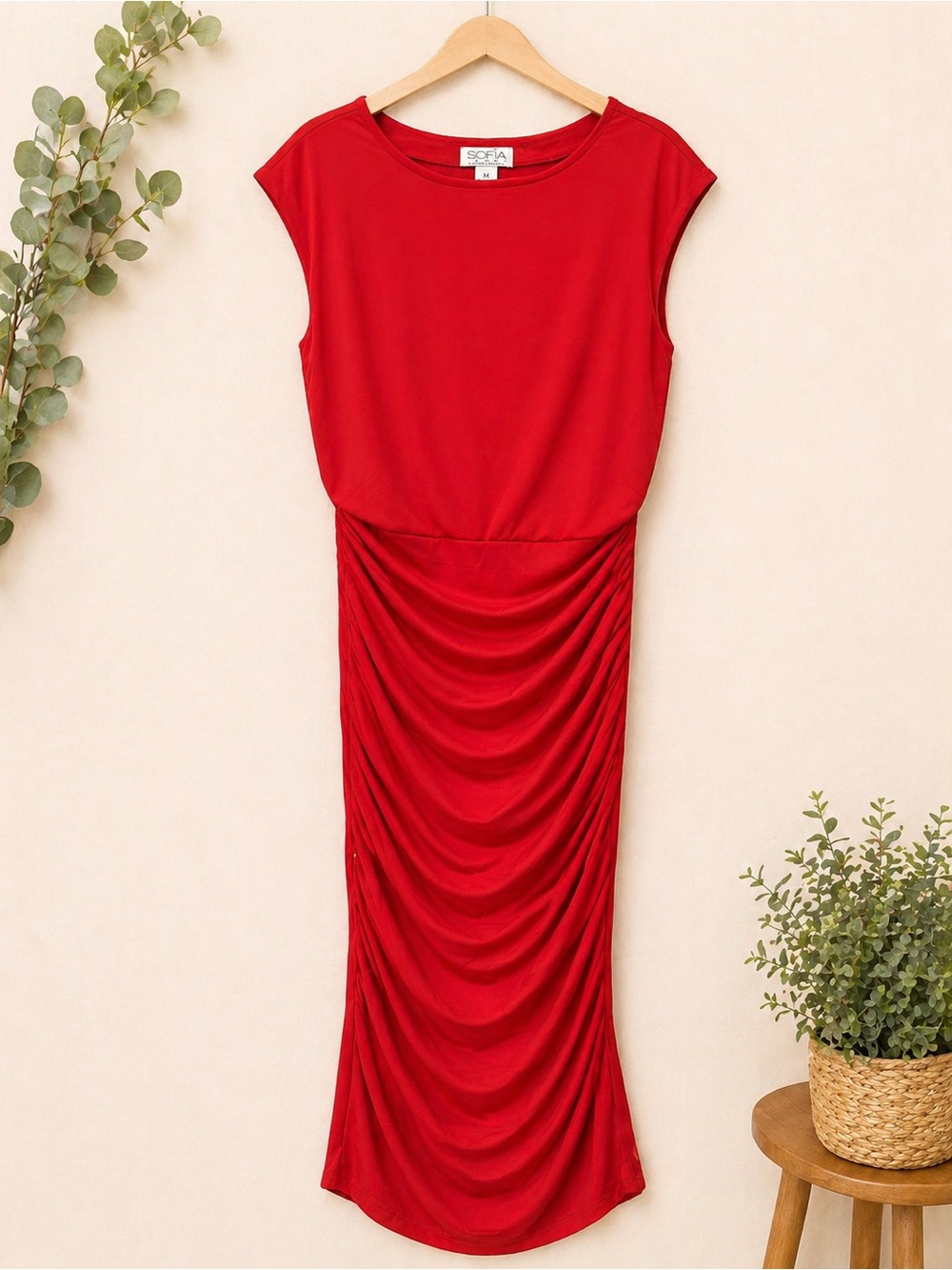 Sofia Vergara Red Ruched Bodycon Midi Dress Open Back NWT Size Large